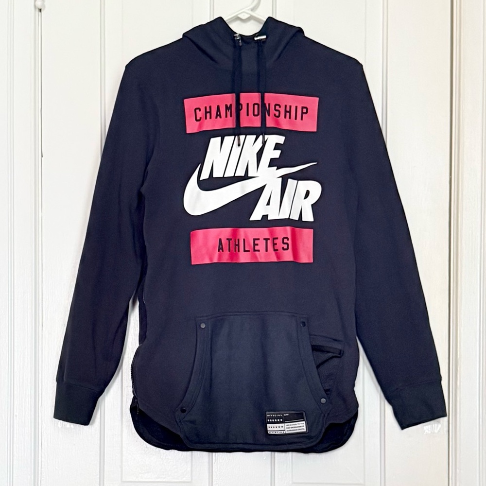 Vintage Nike Air Championship Athletes Navy Blue Hoodie with Red Accents Small